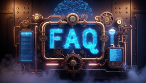 A glowing neon sign with the letters 'FAQ' in a steampunk setting, representing frequently asked questions about Web3. 