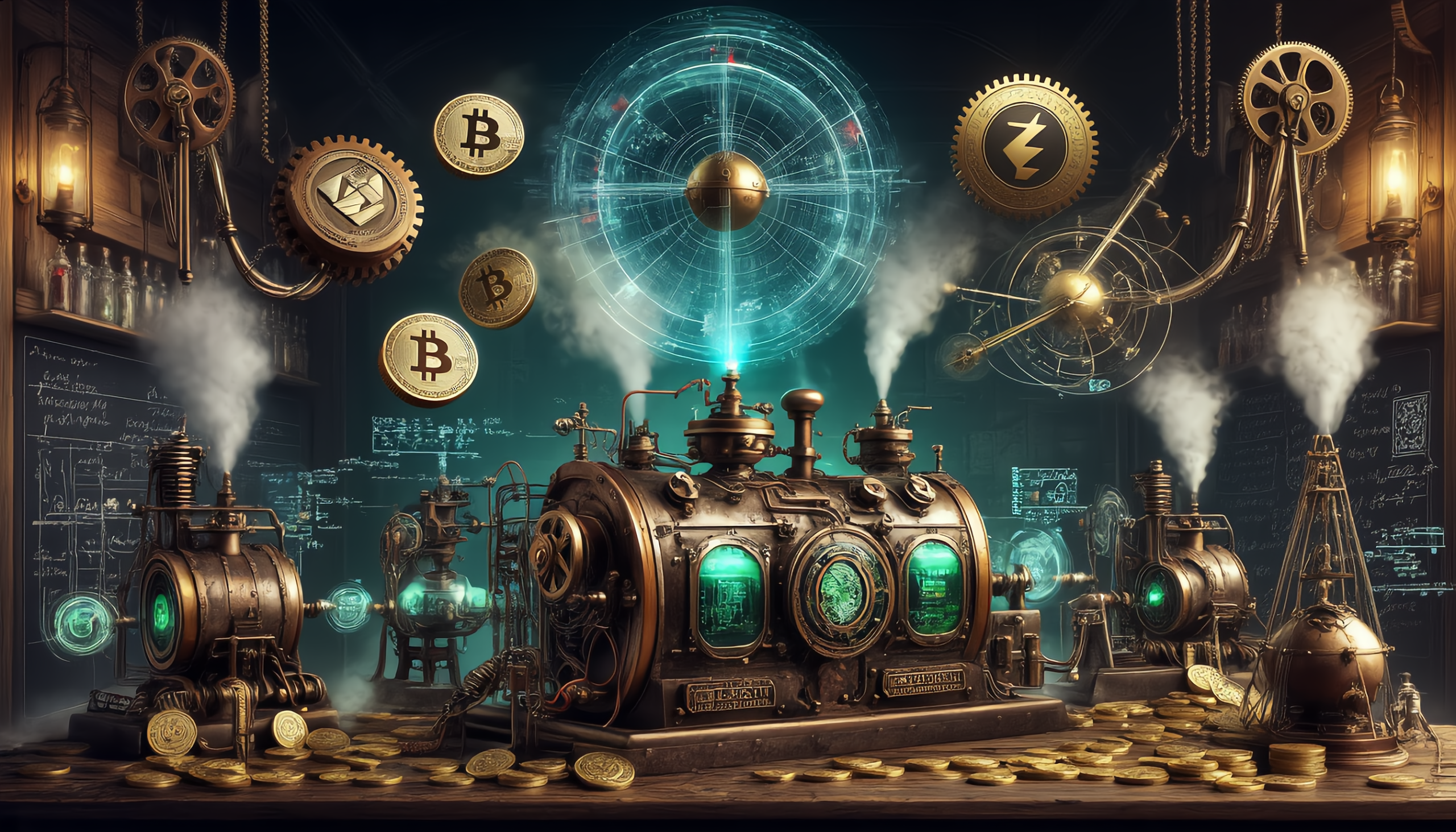 Steampunk-style AI workstation with glowing crypto interfaces, gears, and digital tools for Web3 designers