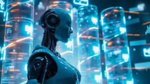 Cybernetic assistant organizing Web3 data capsules labeled NFTs and DAOs