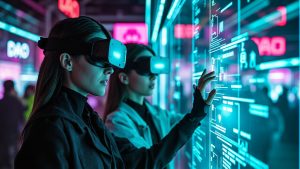 Young woman exploring virtual DAO dashboard in futuristic Web3 workspace (2025 concept)