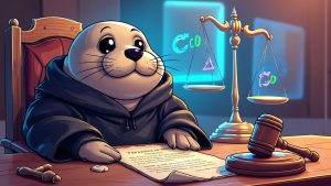 Judge seal character at NFT tribunal — symbol of digital law and crypto regulation