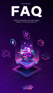 Futuristic FAQ interface showing a 3D hologram surrounded by blockchain icons