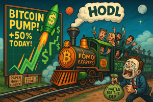 Cartoon illustration of Bitcoin rally with rocket chart and FOMO train
