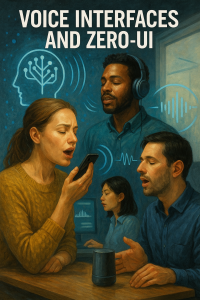 People using voice commands in a Web3 interface – realistic illustration of AI-driven voice UX and Zero-UI interaction