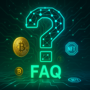 Futuristic FAQ banner with a glowing blockchain question mark, Bitcoin coins, and NFT icons, representing decentralized Web3 knowledge.