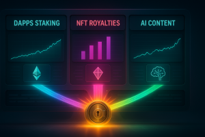 Infographic-style dashboard showing Web3 income streams from DApps, NFTs, and AI tools converging into a crypto vault.