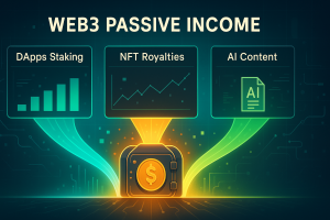 Web3 dashboard showing income streams from staking, NFT royalties, and AI tools