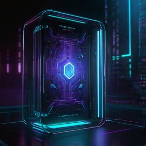 A glowing futuristic cube containing digital wallets and interfaces, symbolizing the starting point for exploring Web3 technologies. 