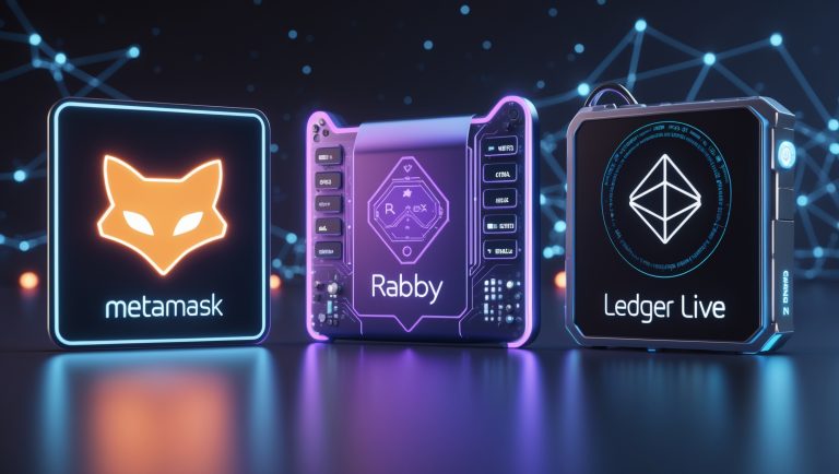 3D comparison of top Web3 wallets in 2025 – MetaMask, Rabby Wallet, and Ledger Live, futuristic design with neon highlights