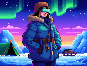 Web3 creator in winter cyberpunk outfit against a digital art background