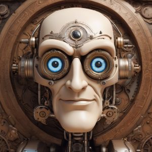Caricature-style robotic portrait with AI goggles, inspired by Leonardo da Vinci's inventions