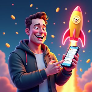 Excited crypto investor celebrating a meme coin rocket launch