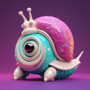 3D snail with futuristic tech shell, vibrant colors, and whimsical AI design style