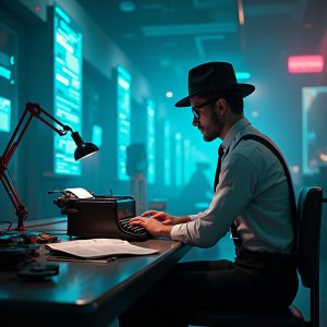 A 1950s-style journalist in a cyberpunk newsroom — blending retro vibes with futuristic tech. Illustration for Web3 News Digest.