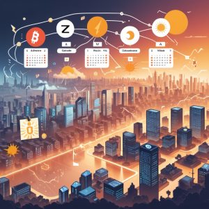 Futuristic city connected by blockchain and daily crypto tasks icons, representing a 7-day Web3 launch strategy

