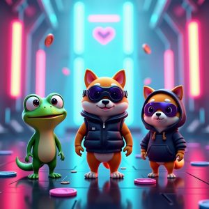 Invest in meme coins 2025 - Stylized 3D mascots of DOGE, PEPE, BONK in a neon cyberpunk arena.