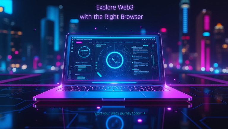 Futuristic digital banner showing three Web3 browser interfaces glowing in cyberpunk style, representing decentralized internet exploration with neon elements and blockchain data streams.