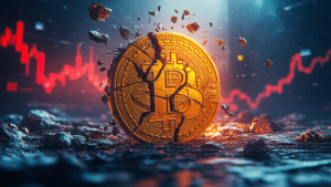 Cracked NFT coin in a chaotic digital landscape representing volatility and scams in NFT-Fi