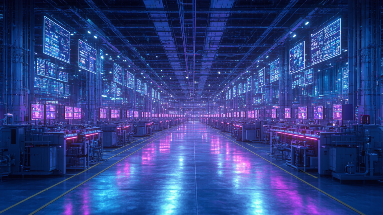 Massive cyberpunk NFT production facility with glowing screens and blockchain terminals — symbolizing creation of NFT collections in 2025.