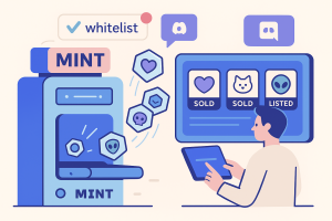 Flat-style illustration of an NFT minting machine releasing tokens with a trader listing them on a digital marketplace platform labeled SOLD.