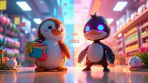 Side-by-side comparison of Pudgy Penguins: plush toy in 2023 vs. futuristic NFT avatar in 2025 — showcasing brand evolution. 