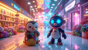 A futuristic Webcar retail store featuring plush and robotic NFT penguins representing Web2 and Web3 product lines. 