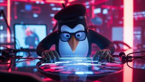  NFT developer penguin programming on a futuristic holographic console