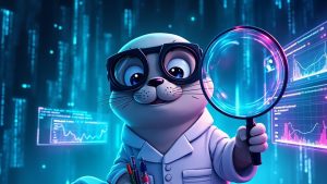 Cartoon seal character analyzing NFT trends on a holographic dashboard with graphs and charts