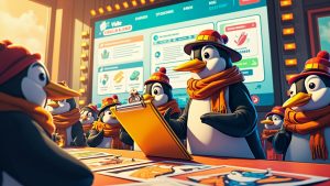 Pudgy Penguins riding skateboards in a vibrant NFT-themed city