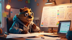 Cartoon beaver Web3 product manager planning NFT launch with charts and minting strategy