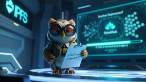Cartoon owl Web3 inspector verifying mint launch checklist with dashboards and tools