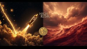 Doge rocket launching versus memecoin crashing into stormy ocean, labeled HIGH RISK