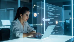 Latina Web3 QA tester interacting with a DeFi app and testing smart contract features