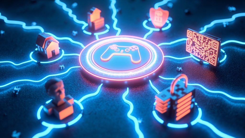 Infographic showing top NFT use cases in 2025 — gaming, real estate, identity, supply chain, and DeFi