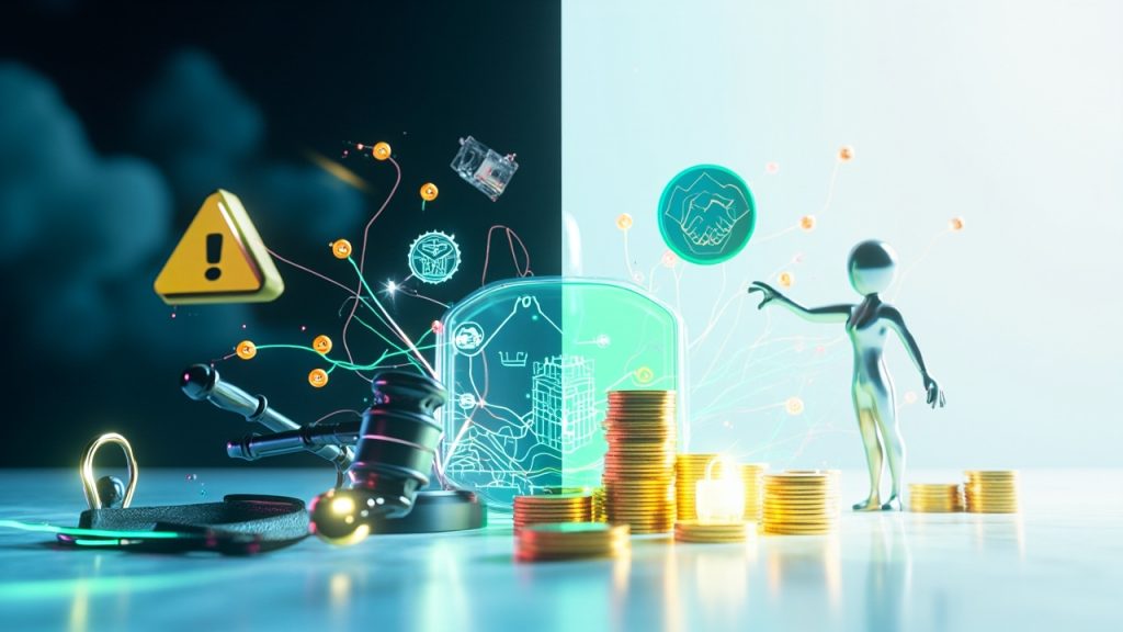 Visual split showing NFT challenges and innovations — regulation, volatility vs. smart contracts, DeFi, and digital identity 