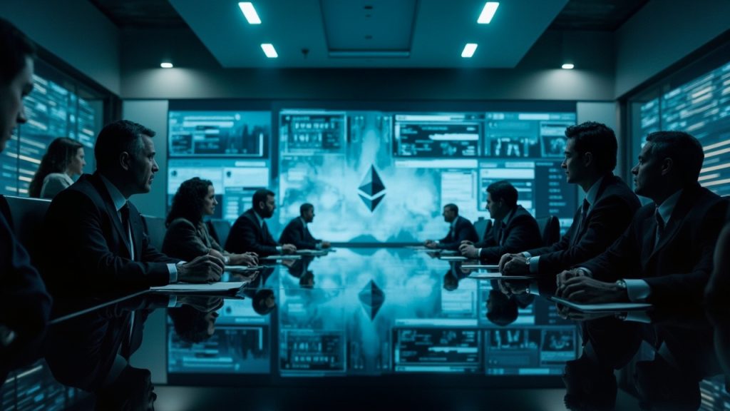 Institutional investors and executives analyzing Ethereum use cases in a boardroom, symbolizing ETH adoption in traditional finance in 2025.