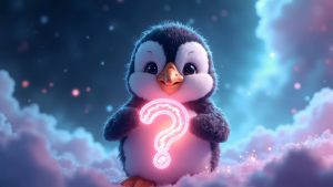 Cute 3D penguin holding a glowing neon question mark, surrounded by soft clouds and sparkles, symbolizing curiosity in the Web3 world.