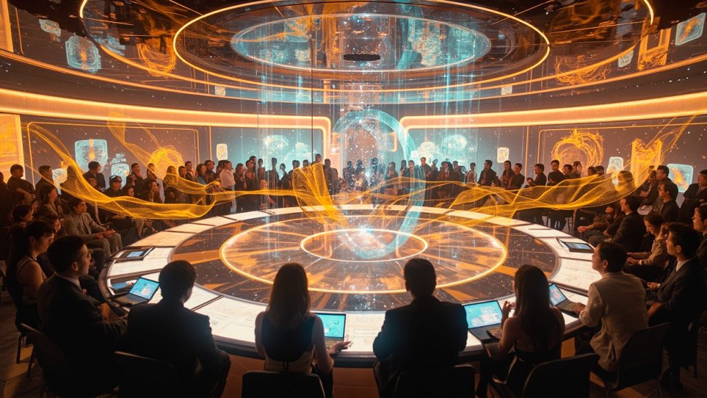 Illustration of a decentralized community voting on crypto proposals with token rewards flowing between contributors in a bright, open governance space.