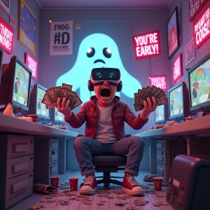 Overloaded NFT gamer with VR headset surrounded by flashing “BUY” signs, NFT cards, and comic-style chaos in a 3D retro 90s room