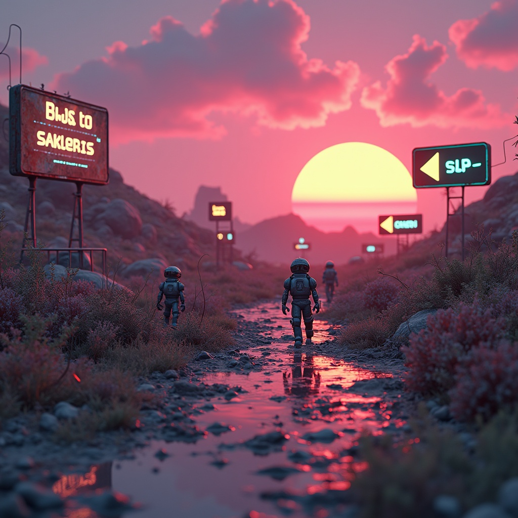 3D retro scene with tiny figures walking through an abandoned NFT world, SLP signs fading in neon sunset
