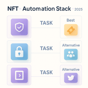 NFT monetization 2025 automation tools infographic showing top no-code platforms for Discord roles, token-gated access, and crossposting.