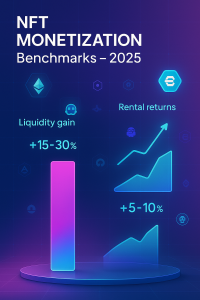 Data-driven infographic showing 2025 NFT monetization benchmarks: fractional ownership gains and rental income stats in Web3.