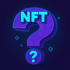 NFT question mark made of glowing digital blocks, symbolizing FAQ in Web3 2025.