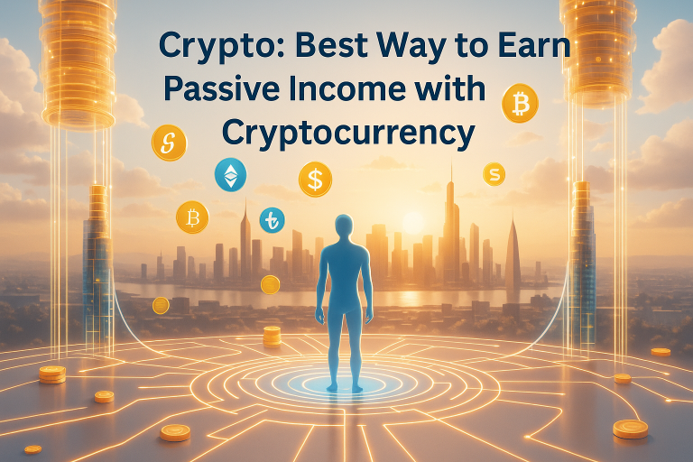 Futuristic digital figure surrounded by glowing crypto symbols and a city skyline, representing passive income opportunities in Web3.