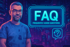 Man standing in front of a digital FAQ board in a cyberpunk Web3 interface