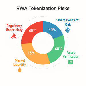 Pie chart showing 4 RWA risks — regulatory (45%), smart contract (30%), liquidity (15%), asset verification (10%).