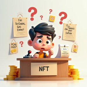 Confused gamer at NFT help desk surrounded by questions