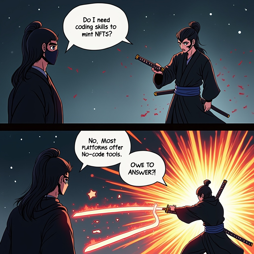 Anime-style samurai answers a Web3 FAQ by slashing through a question with his katana, turning it into a clear response. Comic-style panels with cinematic action.