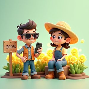 3D cartoon of NFT flipper and crypto farmer with caption Flip Early, Farm Steady.