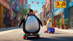 Two Pudgy Penguins skateboarding through a colorful city street — symbolizing NFT projects evolving into mainstream success. 